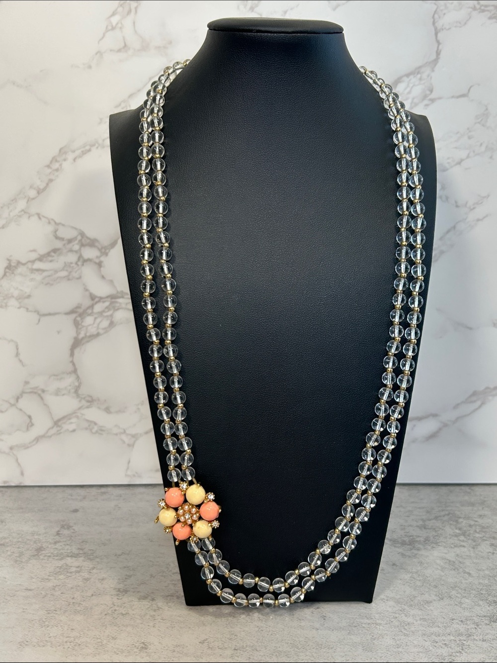 J. Crew Clear Glass Bead Double-Strand Necklace w/ Coral & Cream Flower Cluster